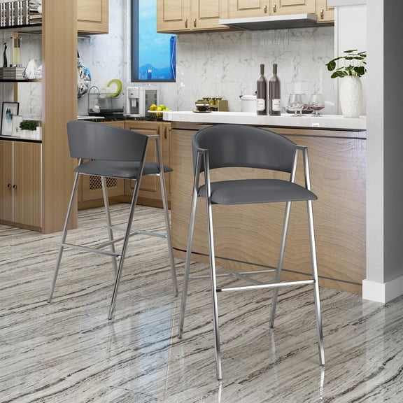 Bar Stools, Modern Barstools Set of 2, PU Leather Upholstered Seat and Backrest with Chrome A-Frame, Counter Height Stools for Dining Room, Kitchen, or Home Bar in Grey