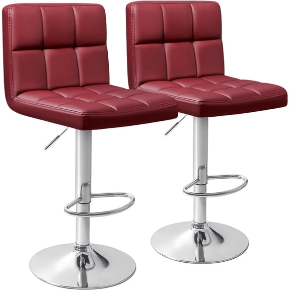 Bar Stools Modern PU Leather Adjustable Swivel Barstools, Armless Hydraulic Kitchen Counter Bar Stool Extra Height Square Island Barstool with Back Set of 2 (Wine Red)