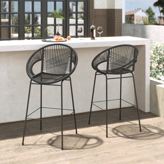 Bar Stools, Outdoor Barstools Set of 2, PE Wicker Seat and Backrest with Black Iron Frame, Ergonomic Counter Height Stools for Patio, Kitchen, or Bar in Black