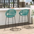 thumbnail image 1 of Bar Stools, Outdoor Barstools Set of 2, PE Wicker Seat and Backrest with Black Iron Frame, Ergonomic Counter Height Stools for Patio, Kitchen, or Bar in Teal, 1 of 11