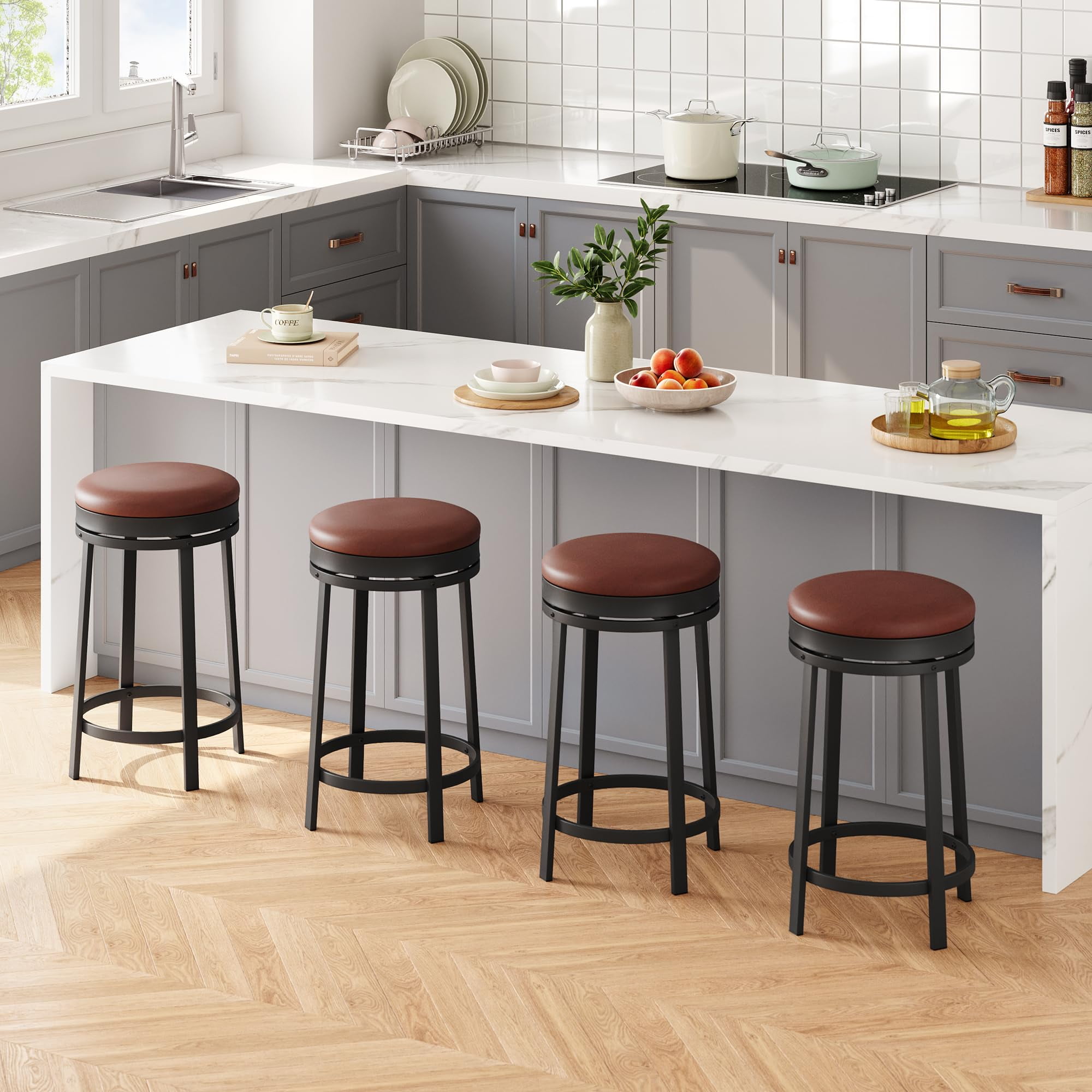 Bar Stools Set of 1/2/4, 24" Modern Swivel Barstools with Footrest, Backless Round Counter Height Bar Stools with PU Leather Upholstered, for Dining Room, Home Bar