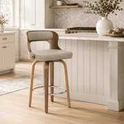 ClinQ 26 inch Swivel Bar Stool Set of 1, Counter Height Bar Chair with Walnut Legs and Silver Ring Footrest, Upholstered Faux Leather, Gray