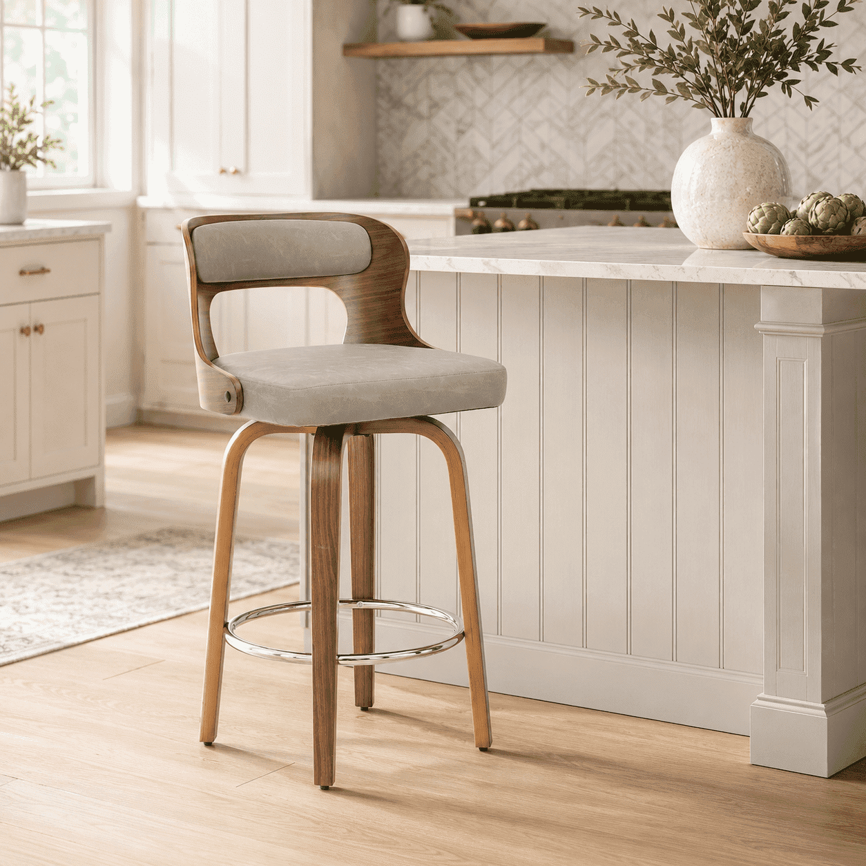 ClinQ 26 inch Swivel Bar Stool Set of 1, Counter Height Bar Chair with Walnut Legs and Silver Ring Footrest, Upholstered Faux Leather, Gray