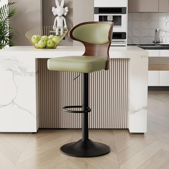 Bar Stools Set of 1 Adjustable Height Swivel Bar Stools Faux Leather Upholstered Bentwood Barstools with Back & Footrest Bar Chair for Dining Room Kitchen Green