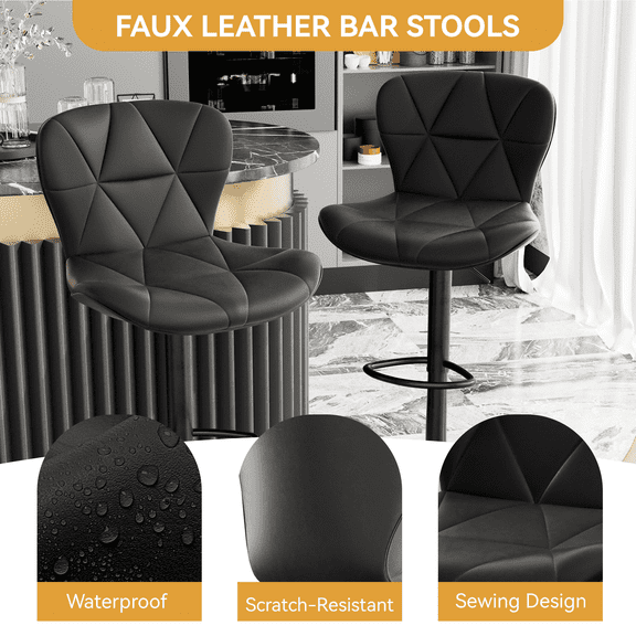 Bar Stools Set of 2, 2‑Pack Adjustable Height Counter Bar Stools, 360° Swivel PU Leather Bar Chairs with Backrest & Footrest for Kitchen Island, Home Bar