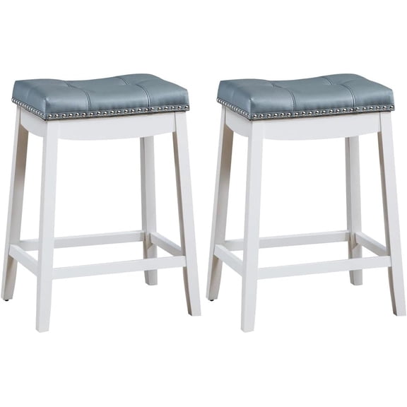 Bar Stools Set of 2, 24" Height Backless Counter Height Bar stools with Footrest, PU Leather, Wood Legs, Padded Saddle Barstool with Nailhead Trim for Kitchen, Island (Gray+White)