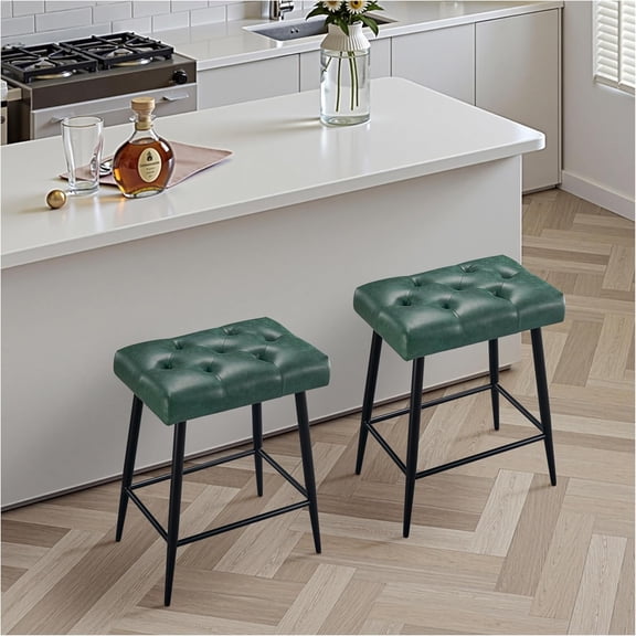 Bar Stools Set of 2, 24 Inch Counter Height Bar Stool for Kitchen Island, Modern Bar Hight Stools with Sturdy Metal Base and Thickened Saddle Cushion, 330Lbs, Green