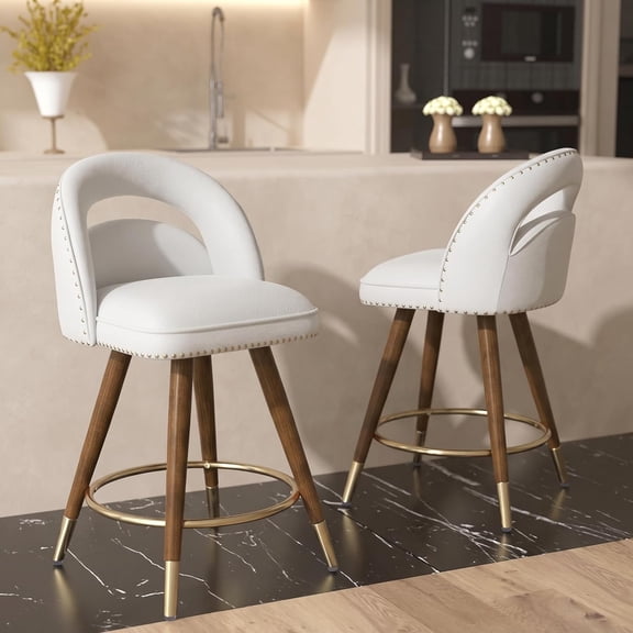 Bar Stools Set of 2, 24" Swivel Counter Height Bar Stools, Upholstered Barstools with Backs, Solid Wood Legs for Kitchen Island, Velvet in Creamy White
