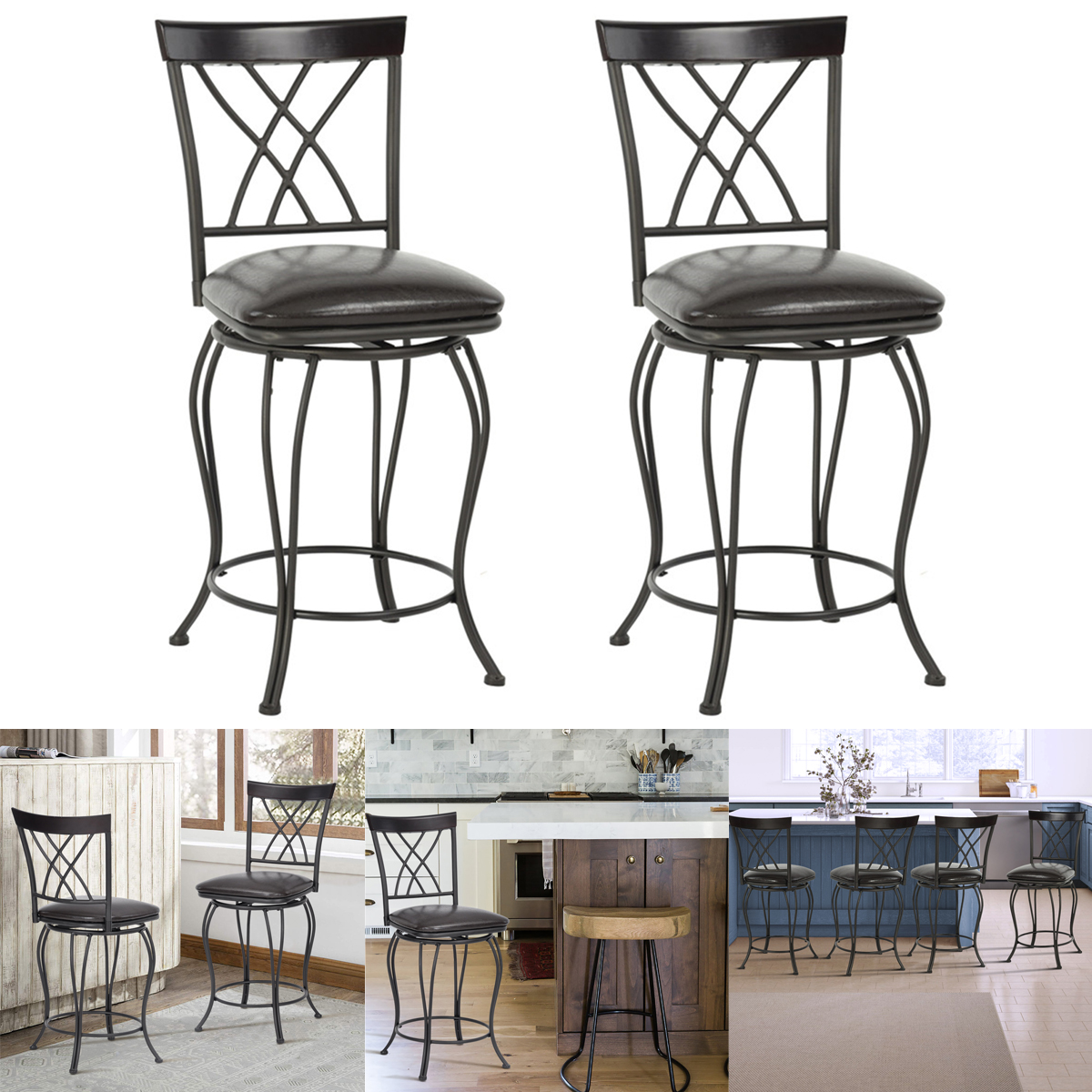 Bar Stools Set of 2, 24 inch Counter Height Bar Stools with Back