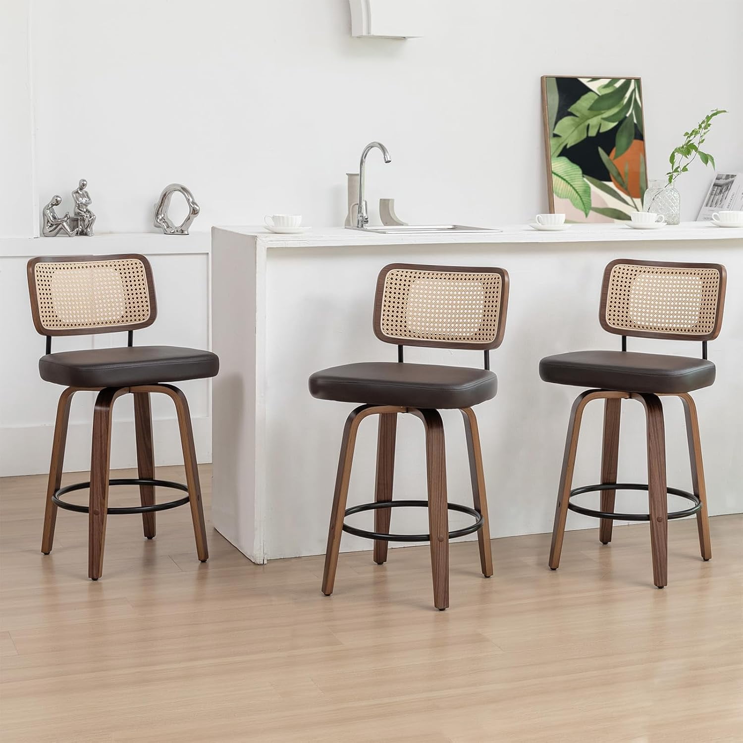 Bar Stools Set of 2-26.4 inch Rattan Swivel Bar Stools with Curved Back ...