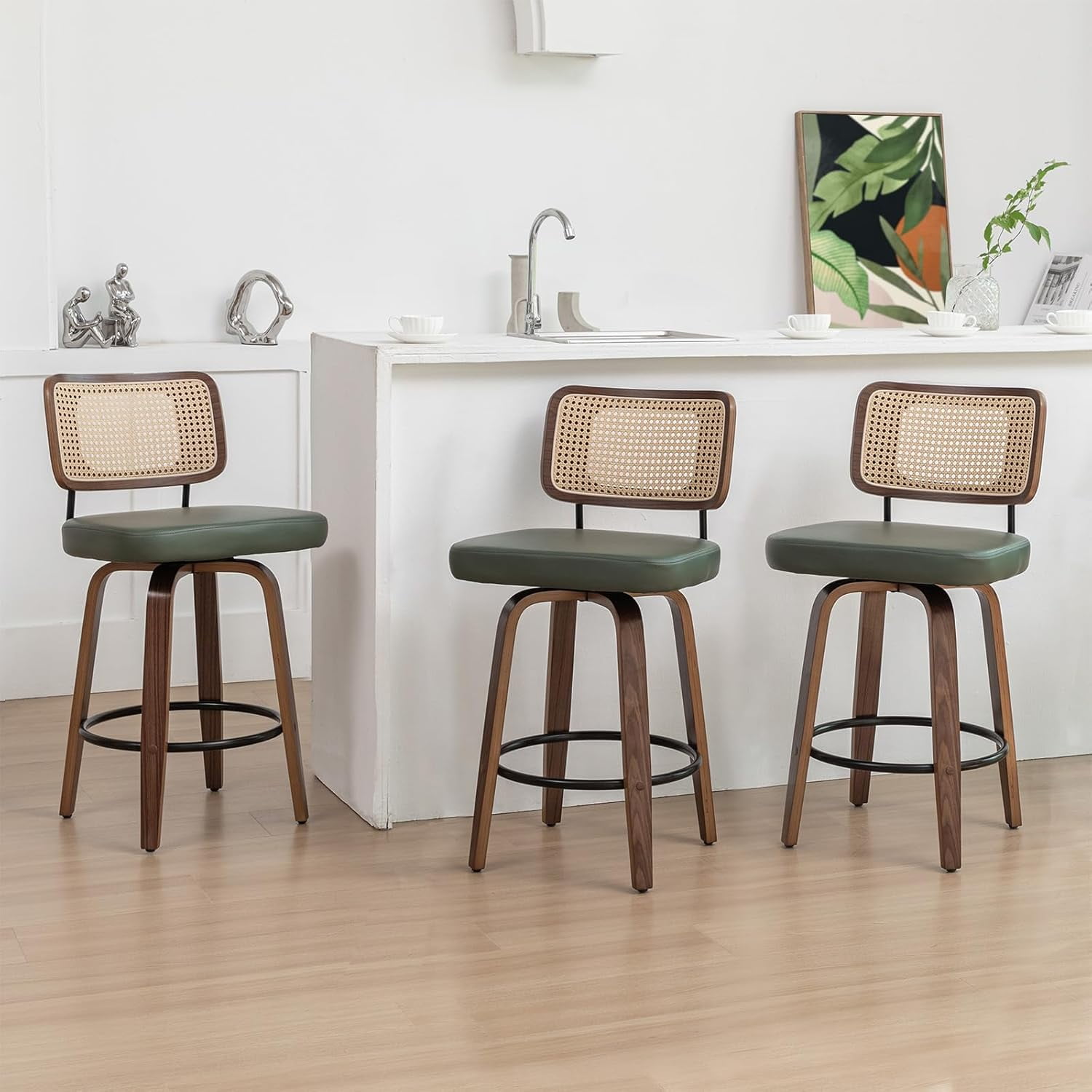 Bar Stools Set of 2-26.4 inch Rattan Swivel Bar Stools with Curved Back ...