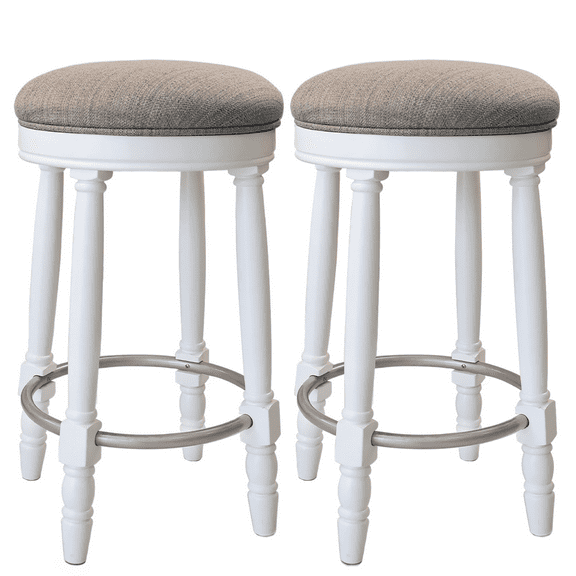 Bar Stools Set of 2, 26" Counter Height, 360° Swivel Wooden Barstool with Fabric Upholstered Seat, WHITE Finish, Stylish Accent for Kitchen, Dining, and Living Room