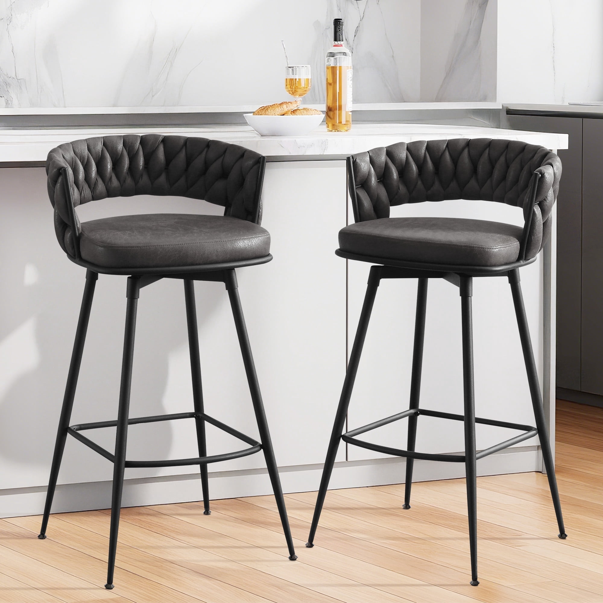 MYFUNT Bar Stools Set of 2, 26" Counter Height Stools, 180° Swivel Woven Back Barstools with Metal Footrest, Modern Bar Stools for Kitchen Island, Cafe, Pub, Blackgray