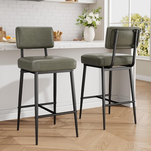 Bar Stools Set of 2, 26" Faux Leather Counter Height Bar Stool with Back, Metal Legs, Modern Upholstered Barstool Chairs for Island, Counter Bar, Kitchen, Rustic Green