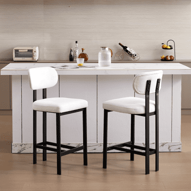 TOSEE Mid-Century Modern 26" Counter Height Bar Stools Set of 2, Black Metal Frame & Non-Slip Feet, Beige(for Kitchen Island, Pub Table)