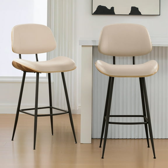 Bar Stools Set of 2, 26" PU Leather Counter Height Stools with Walnut Bentwood Back & Footrest, Mid Century Modern Bar Chairs Island Stools for Kitchen Island, Beige