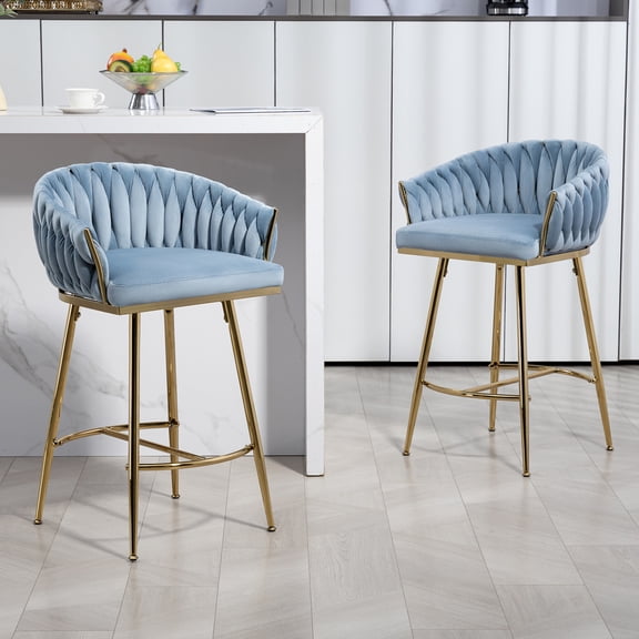 Bar Stools Set of 2, 26" Velvet Counter Height Bar stools, Upholstered Kitchen Island Barstools with Armrest & Golden Footrest Metal Legs for Cafes, Dining Room, Blue