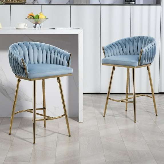 Bar Stools Set of 2, 26" Velvet Counter Height Bar stools, Upholstered Kitchen Island Barstools with Armrest & Golden Footrest Metal Legs for Cafes, Dining Room, Blue