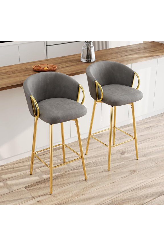 Bar Stools Set of 2, 26'' Velvet Modern Bar Chairs, 360 Degree Swivel and Golden Armrest, Upholstered Bar Stools with Low Back Design and Metal Base for Kitchen Island/Home Bar/Dining Room