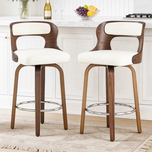 ClinQ 26 inch Swivel Bar Stools Set of 2, Counter Height Bar Chairs with Walnut Legs and Silver Ring Footrest, Upholstered Faux Leather, White