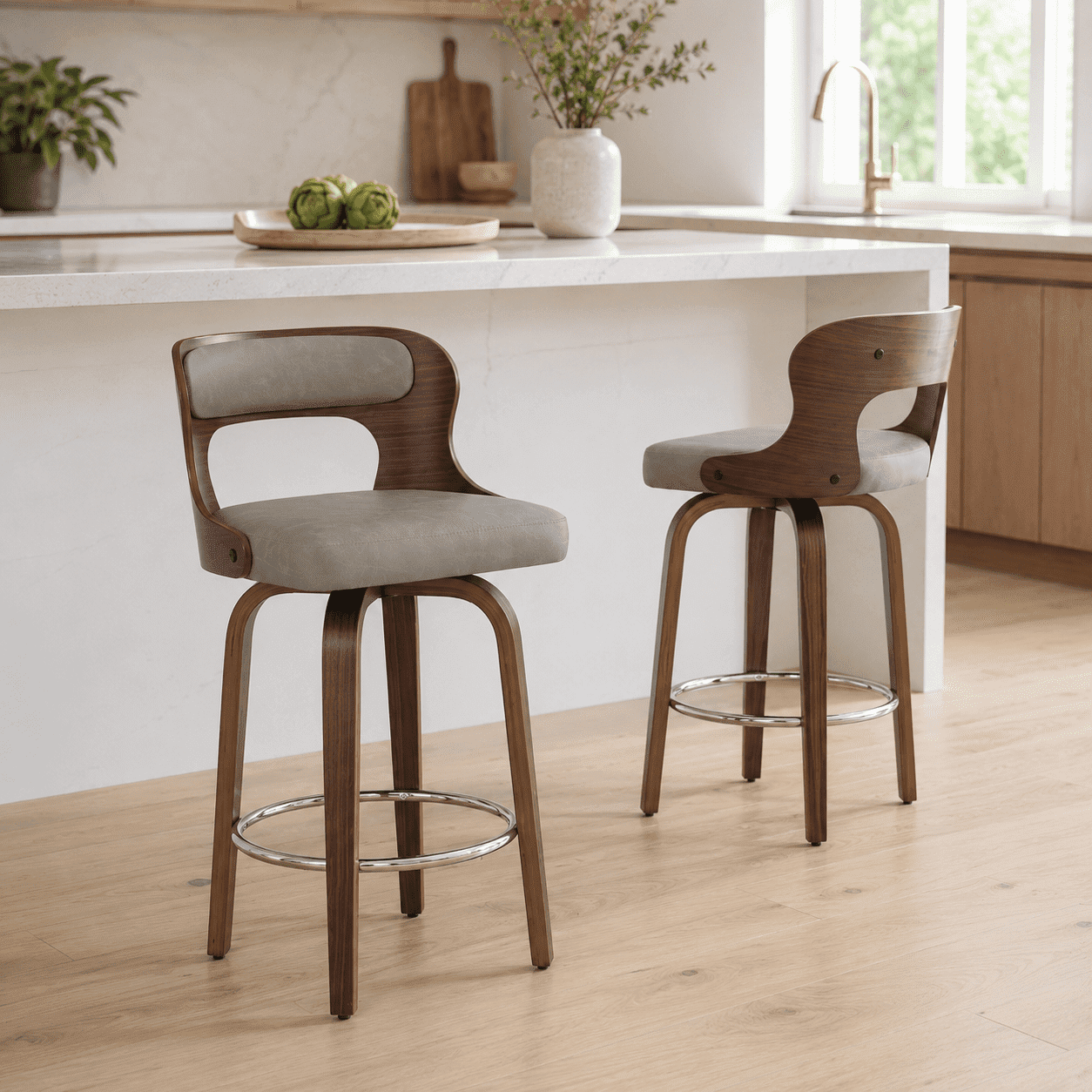 ClinQ 26 inch Swivel Bar Stools Set of 2, Counter Height Bar Chairs with Walnut Legs and Silver Ring Footrest, Upholstered Faux Leather, Gray