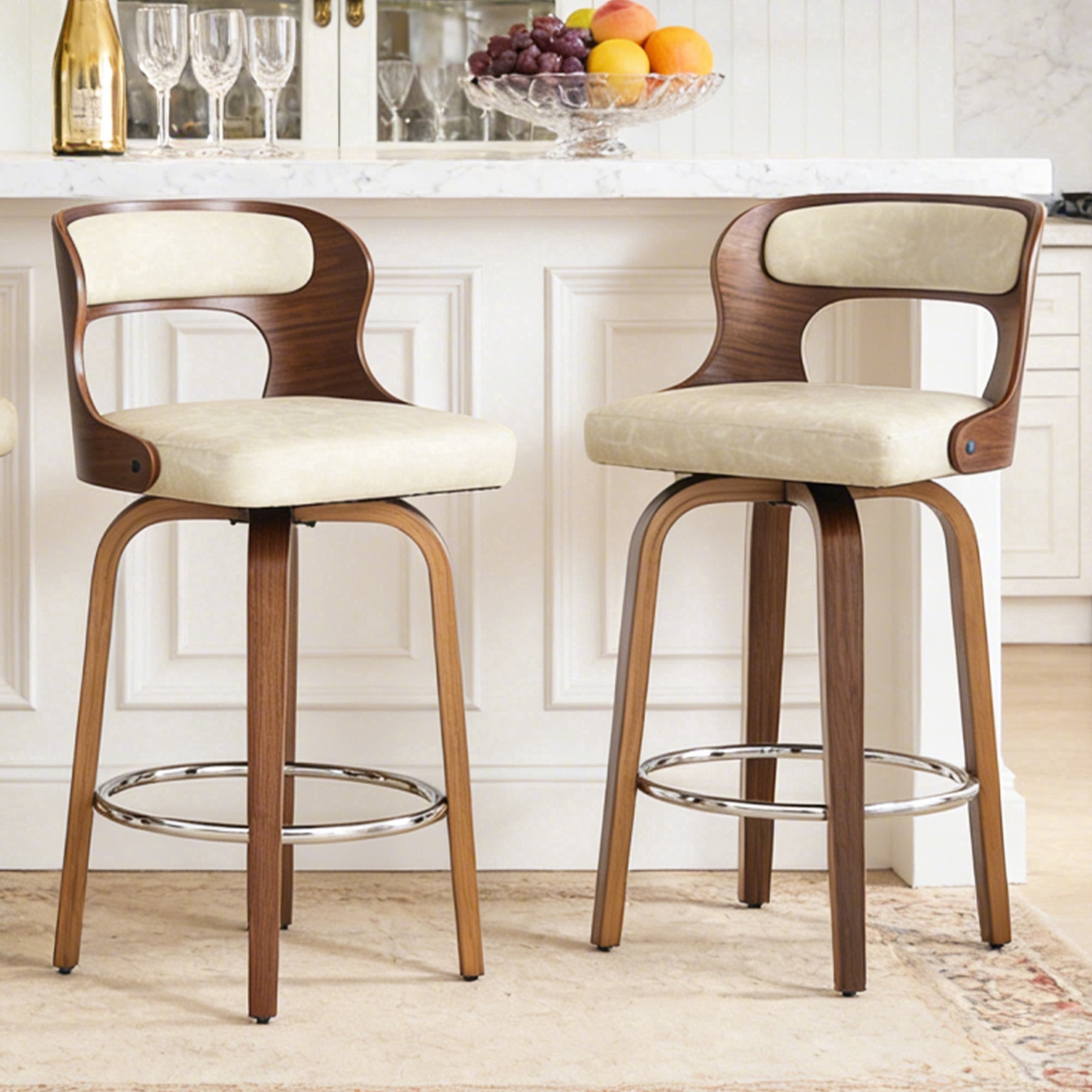 ClinQ 26 inch Swivel Bar Stools Set of 2, Counter Height Bar Chairs with Walnut Legs and Silver Ring Footrest, Upholstered Faux Leather, Beige