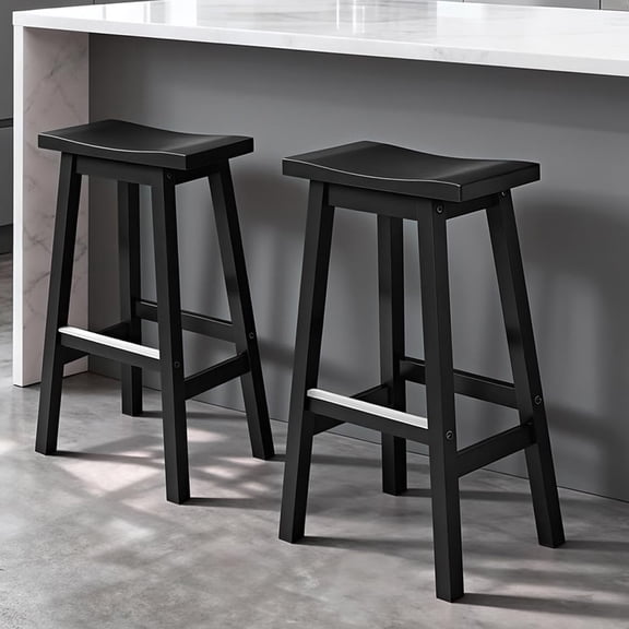 Bar Stools Set of 2, 30 Inch Bar Chairs Solid Wood Saddle Stools, Kitchen Counter Seat with Footrests, Industrial Barstools for Dining Room, Kitchen, Counter, Black
