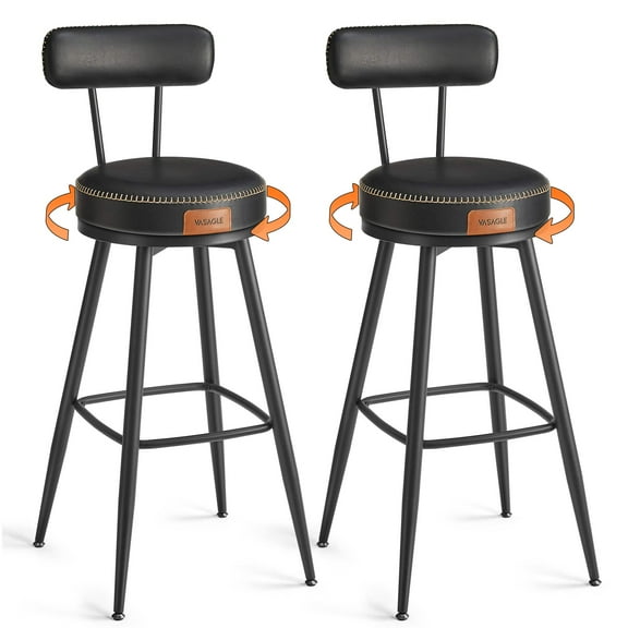 Bar Stools Set of 2, 30" Swivel Bar Height Stools with Backrest, Mid-Century Modern Design, Synthetic Leather Upholstery, Steel Frame, Scratch-Resistant Feet, Ink Black