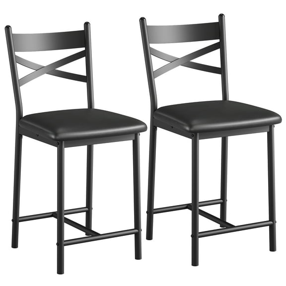 Bar Stools Set of 2/4, PU Upholstered Bar Chairs, Kitchen Island Chairs with X-Shaped Backrest and Metal Footrest, Black Counter Height Chairs for Dining Room, Coffee Shop