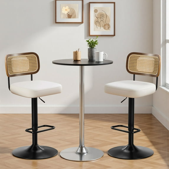 Bar Stools Set of 2, Adjustable 360° Swivel Counter Height Barstools from 25" to 33" Upholstered Faux Leather Bar Chairs with Rattan Backrest & Enlarged Base