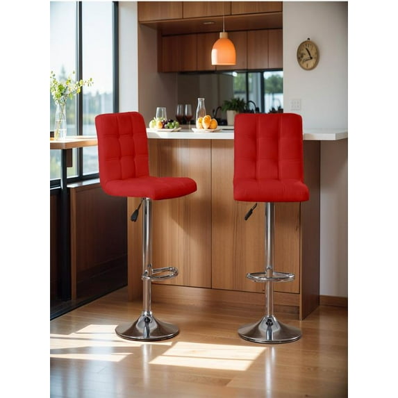 Bar Stools Set of 2, Adjustable Bar Stools, Armless Adjustable Swivel Barstools, PU Leather Hydraulic Kitchen Counter Height Bar Stools, Thickened Seat Cushion Square Island Barstools with Back