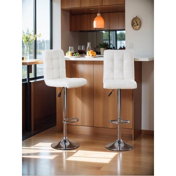 Bar Stools Set of 2, Adjustable Bar Stools, Armless Adjustable Swivel Barstools, PU Leather Hydraulic Kitchen Counter Height Bar Stools, Thickened Seat Cushion Square Island Barstools with Back