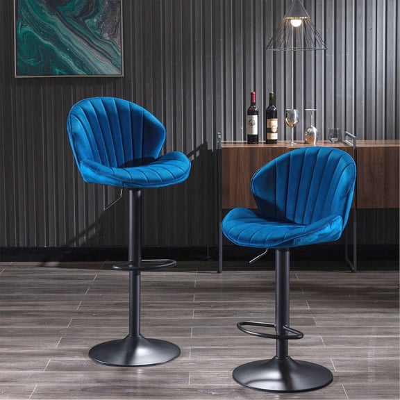 Bar Stools Set of 2, Adjustable Barstools with Back&Footrest, Modern Design Velvet Barstools with Black Metal Base, Counter Height Bar Chairs for Kitchen, Pub, Dining (Navy)