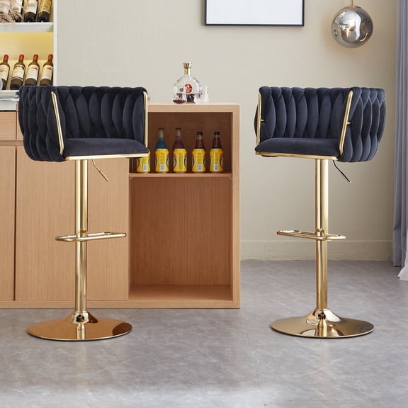 Set of 2 Adjustable 360° Swivel Velvet Bar Stools, Counter Height Stools with Backrest & Armrests, Gold Metal Legs & Base for Kitchen Island, Dining Room & Pub(black)
