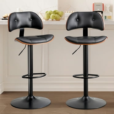 Bar Stools Set of 2, Adjustable Bentwood Barstools, Faux Leather Upholstered Counter Height Barstools with Back for Bar, Kitchen Island, Dining Room, Black