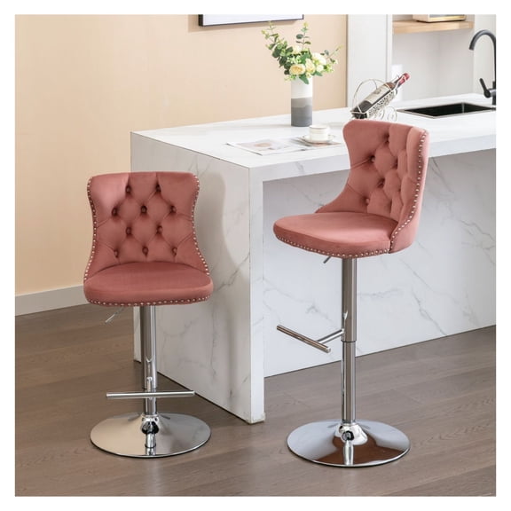 Bar Stools Set of 2, Adjustable Height 25-33 Inch, Pink Swivel Bar Chairs with Backs & Tufted Upholstery, Modern Kitchen Island Pub Counter Stools 1712PK