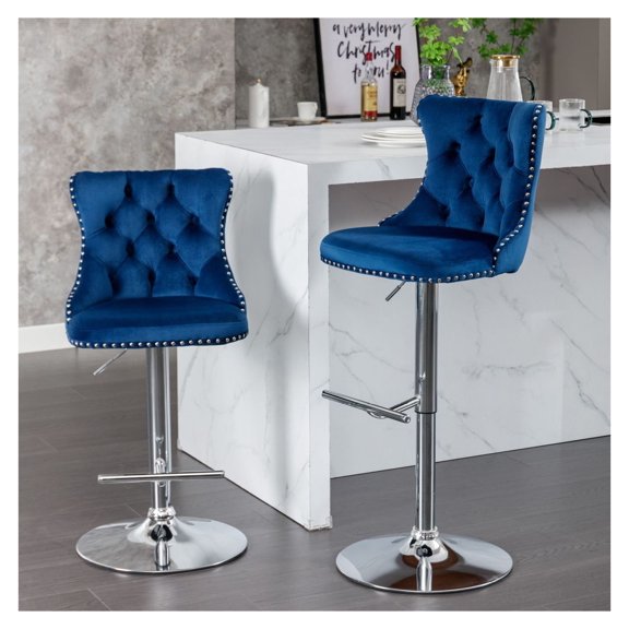 Bar Stools Set of 2, Adjustable Height 25-33 Inch, Swivel Counter Stools with Backs - Modern Upholstered Pub Stools for Kitchen Island, Home, Pub - Blue