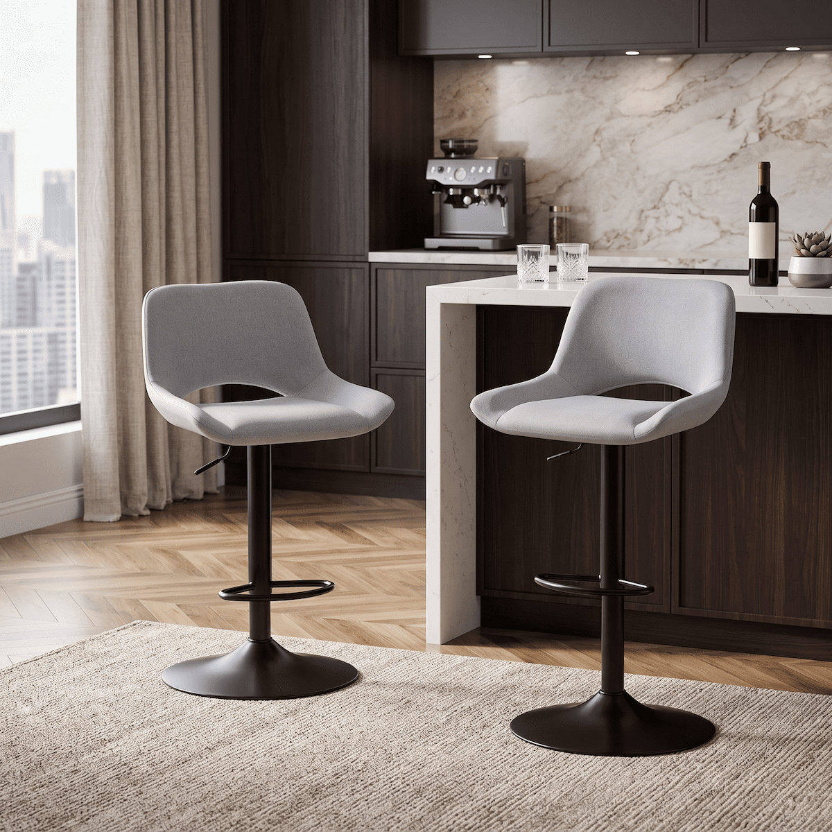 Bar Stools Set of 2, Adjustable Height Swivel Bar Stools with Linen Fabric Seat, 360 Degree Rotating Counter Height Stools for Kitchen Island and Home Bar, Black Metal Frame