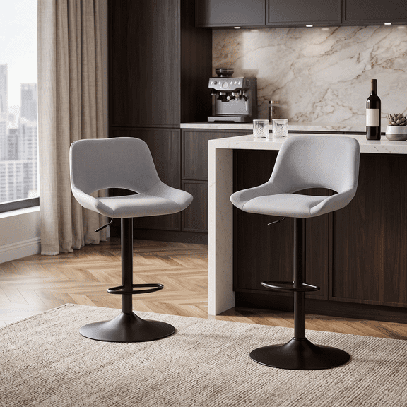Bar Stools Set of 2, Adjustable Height Swivel Bar Stools with Linen Fabric Seat, 360 Degree Rotating Counter Height Stools for Kitchen Island and Home Bar, Black Metal Frame