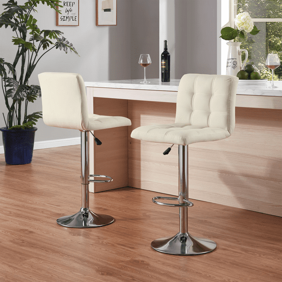 Bar Stools Set of 2 Adjustable PU Leather Swivel Barstools,Counter Height Barstools for Bar, Kitchen Modern Counter Stools with Back and Footrest, Beige