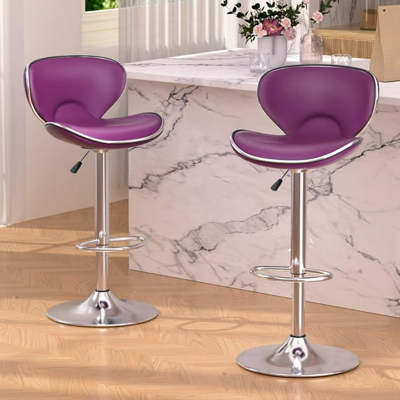 Bar Stools Set of 2, Adjustable Swivel Barstools for Kitchen Counter, Modern PU Leather Counter Height Bar Chair with Back and Footrest for Kitchen Island Dining Room Café Pub (Purple)
