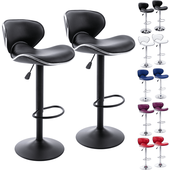 Bar Stools Set of 2, Adjustable Swivel Barstools, Modern PU Leather Counter Height Stools with Back and Footrest for Island, Dining, Bistro, Pub (Black/Black Base)