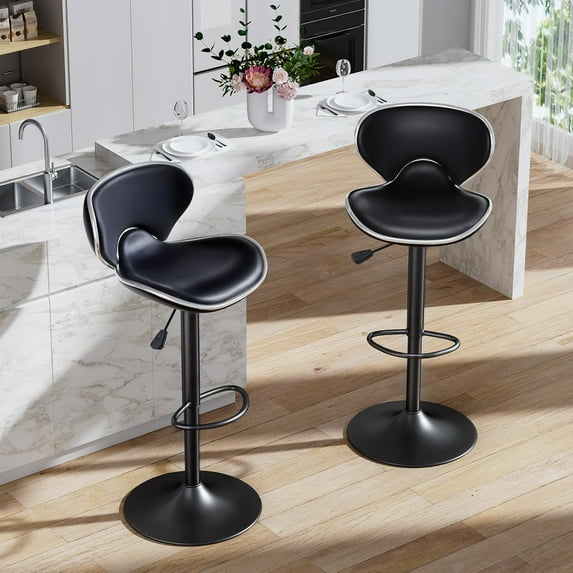 Bar Stools Set of 2, Adjustable Swivel Barstools, Modern PU Leather Counter Height Bar Chair with Back and Footrest for Kitchen Island Dining Room Café Pub (Black, Matte Black Base)
