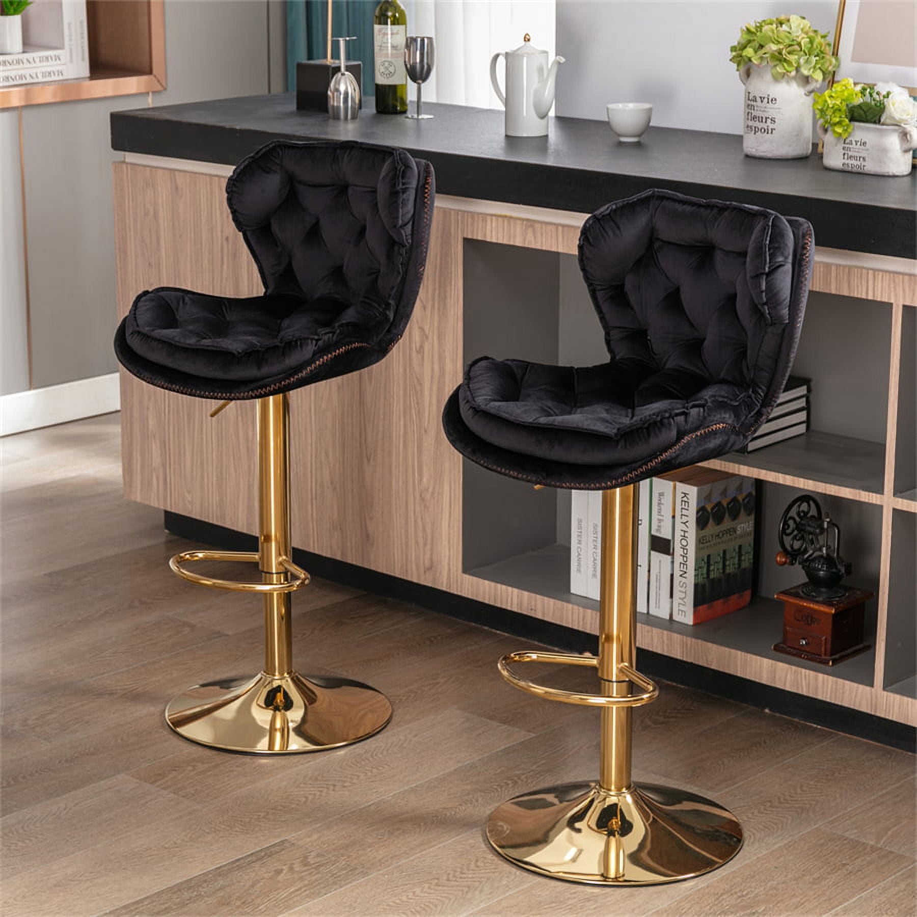 Bar Stools Set of 2 Adjustable Swivel Counter Height Dining Chairs with Wing Back Back Pull Ring and Metal Footrest Velvet Barstool with Round