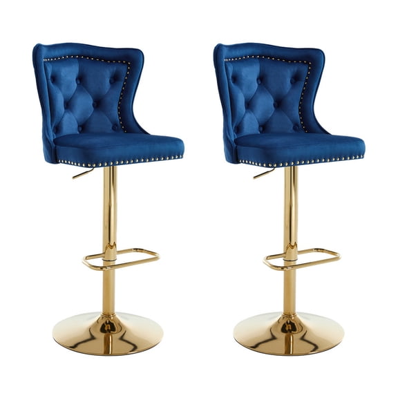 Bar Stools Set of 2, Adjustable Velvet Counter Bar Stools with Botton Tufted Back Swivel Upholstered Comfy Chairs Lion Head Pull Ring Gold Base for Kitchen Island, Dining Room, Dark Blue