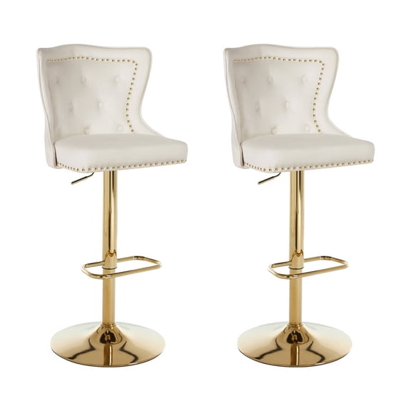 Bar Stools Set of 2, Adjustable Velvet Counter Bar Stools with Botton Tufted Back Swivel Upholstered Comfy Chairs Lion Head Pull Ring Gold Base for Kitchen Island, Dining Room, Cream