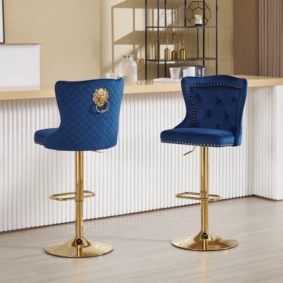 Bar Stools with Back Set of 2, Adjustable Height Velvet Swivel Counter Barstools, Tufted Lion Head Pull Ring Gold Base Upholstered Bar Chairs for Kitchen Island Dining Room, Dark Blue