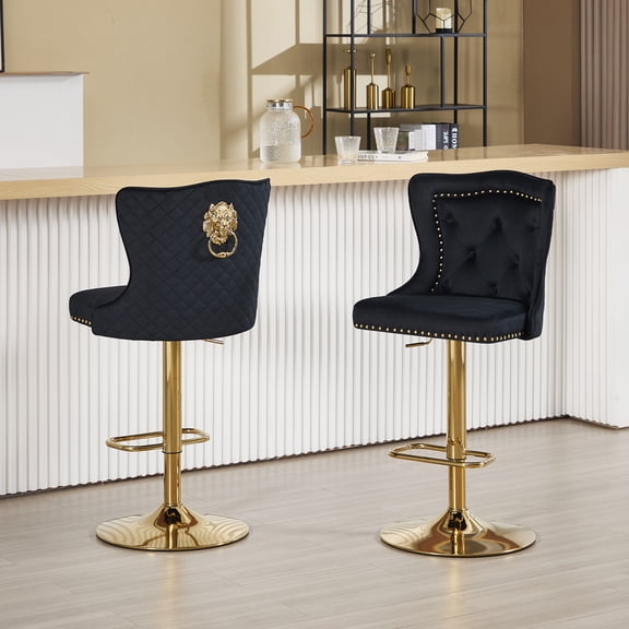 Euzensid Bar Stools with Back Set of 2, Adjustable Height Velvet Swivel Counter Barstools, Tufted Lion Head Pull Ring Gold Base Upholstered Bar Chairs for Kitchen Island Dining Room, Black