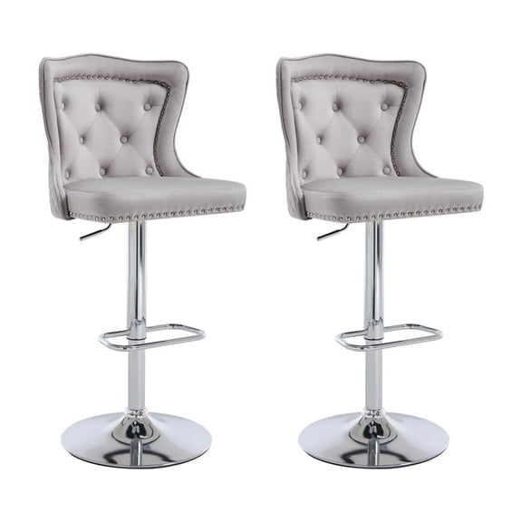 Bar Stools Set of 2, Adjustable Velvet Counter Barstools with Botton Tufted Back Swivel Upholstered Comfy Chairs Lion Head Pull Ring Silver Base for Kitchen Island, Dining Room, Grey