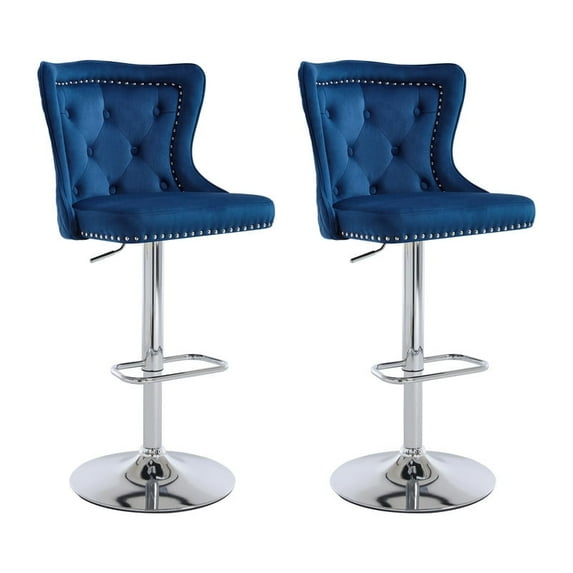 Bar Stools Set of 2, Adjustable Velvet Counter Barstools with Botton Tufted Back Swivel Upholstered Comfy Chairs Lion Head Pull Ring Silver Base for Kitchen Island, Dining Room, Dark Blue
